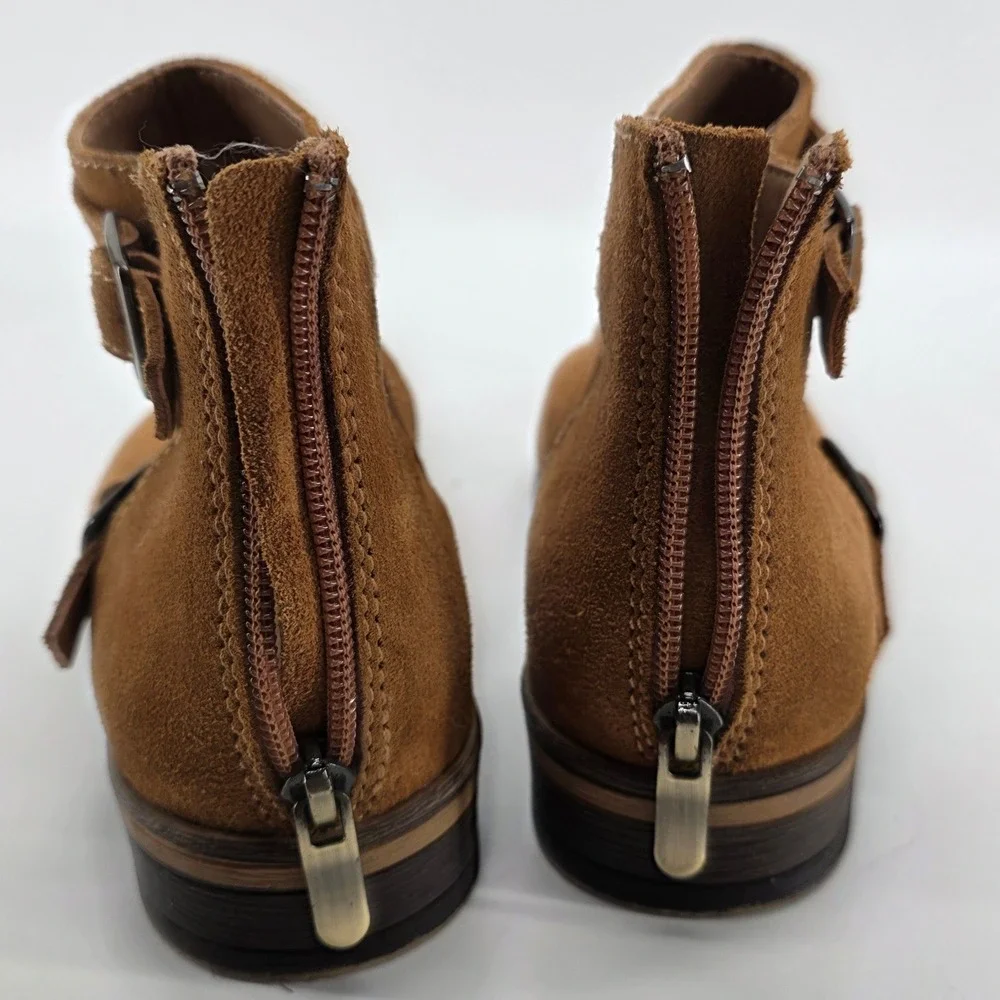 Chinese Laundry Dandie Ankle Boots 7 Brown Whiskey Suede Cutout Buckle Booties